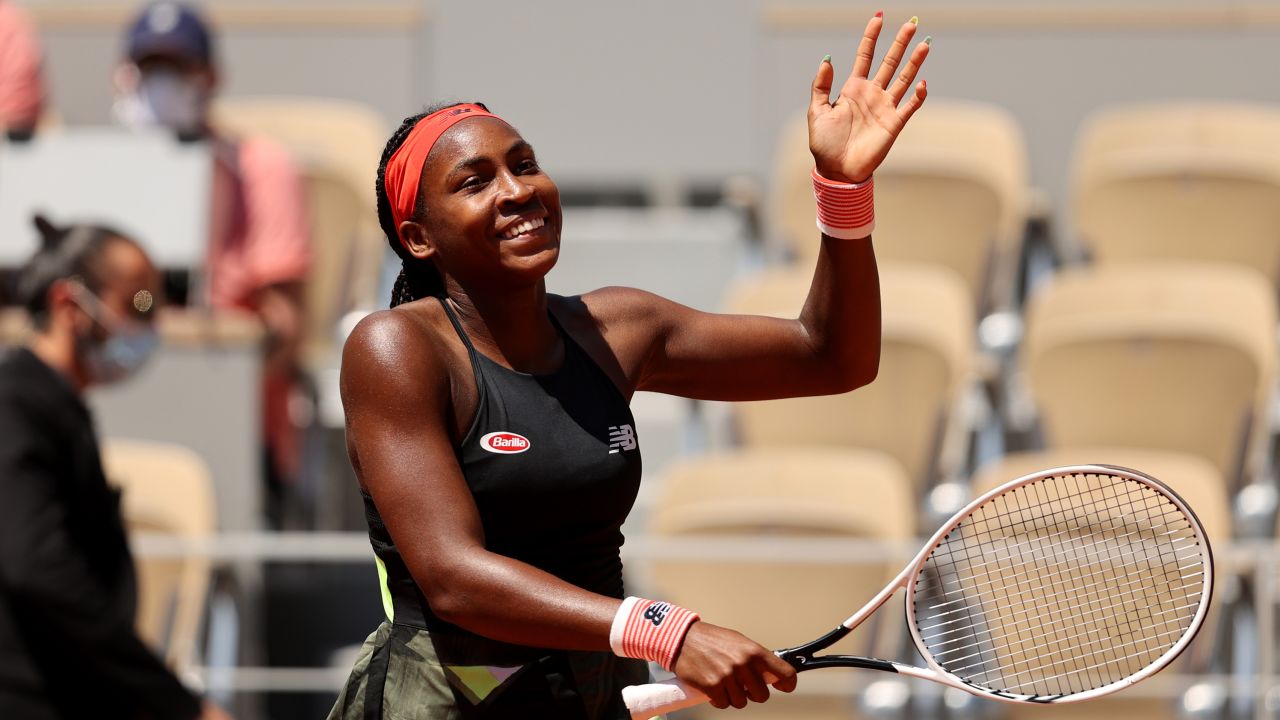 Gauff celebrates victory in her  ladies singles fourth round match against Ons Jabeur.