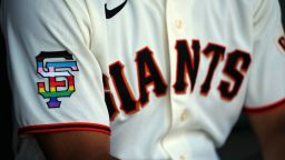 SAN FRANCISCO, CA - JUNE 05:  A San Francisco Giants  patch in Pride colors can be seen on a member of the San Francisco Giants before the game between the Chicago Cubs and the San Francisco Giants at Oracle Park on Saturday, June 5, 2021 in San Francisco, California. (Photo by Daniel Shirey/MLB Photos via Getty Images)