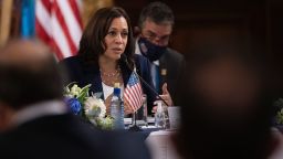 US Vice President Kamala Harris (C) participates in a bilateral meeting with Guatemalan President Alejandro Giammattei at the Palacio Nacional de la Cultura in Guatemala City on June 7, 2021. - US Vice President Kamala Harris arrived in Guatemala on June 6, 2021, bringing a message of "hope" to a region hammered by Covid-19 and which is the source of most of the undocumented migrants seeking entry to the United States. Harris, who will also visit Mexico, is making her first journey abroad as President Joe Biden's deputy with an eye toward tackling the root causes of migration from the region -- one of the thorniest issues facing the White House. (Photo by JIM WATSON / AFP) (Photo by JIM WATSON/AFP via Getty Images)