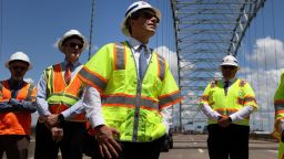 U.S. Secretary of Transportation Pete Buttigieg tours the closed Hernando De Soto bridge which carries Interstate 40 across the Mississippi River between West Memphis, Arkansas, and Memphis, Tennessee, June 3, 2021. 