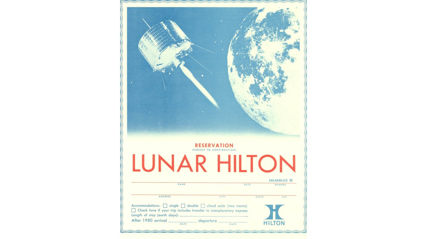 <strong>Moon reservation:</strong> A mockup of a room reservation for the Lunar Hilton, for arrivals no sooner than 1980.