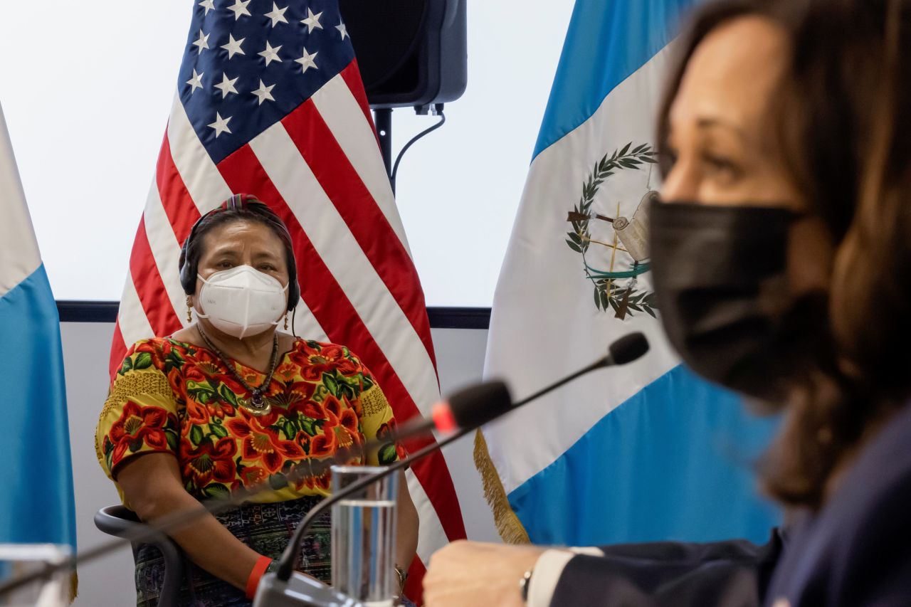 Nobel Peace Prize and member of the Indigenous Women's Platform Rigoberta Menchu and Harris participate in a roundtable with members of the Guatemalan community and civil society leaders at the Universidad del Valle de Guatemala in Guatemala City on June 7.