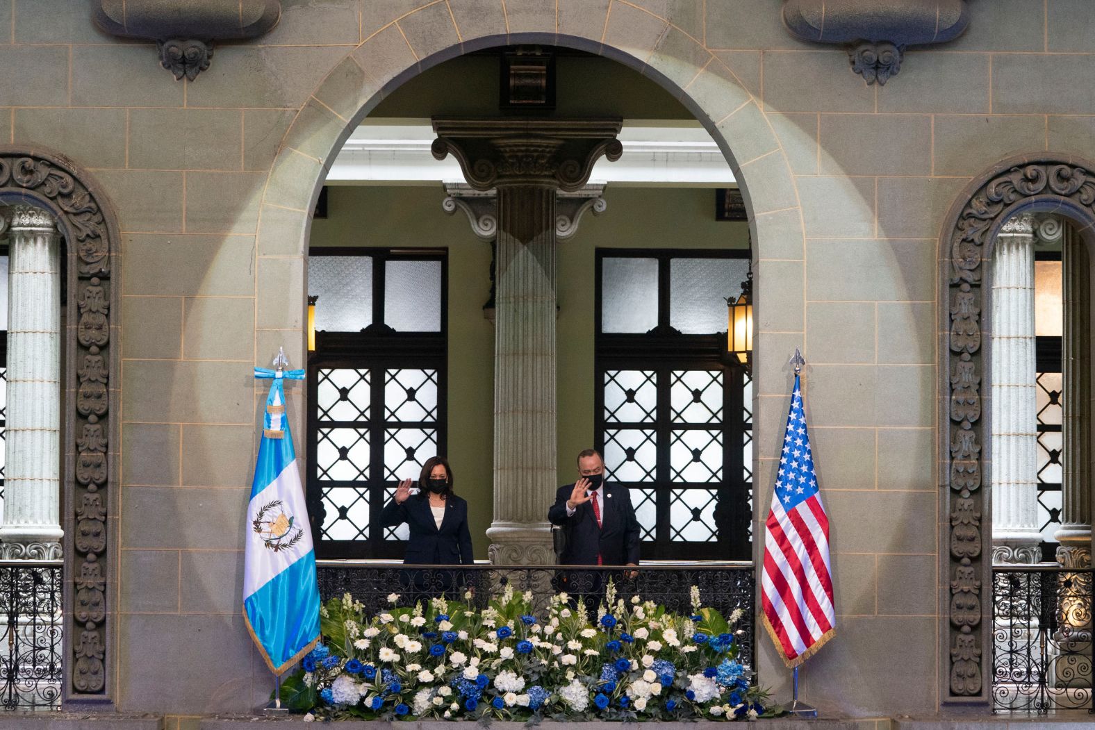 Harris and Giammattei pose for an official photograph on Monday, June 7, at the National Palace in Guatemala City. 