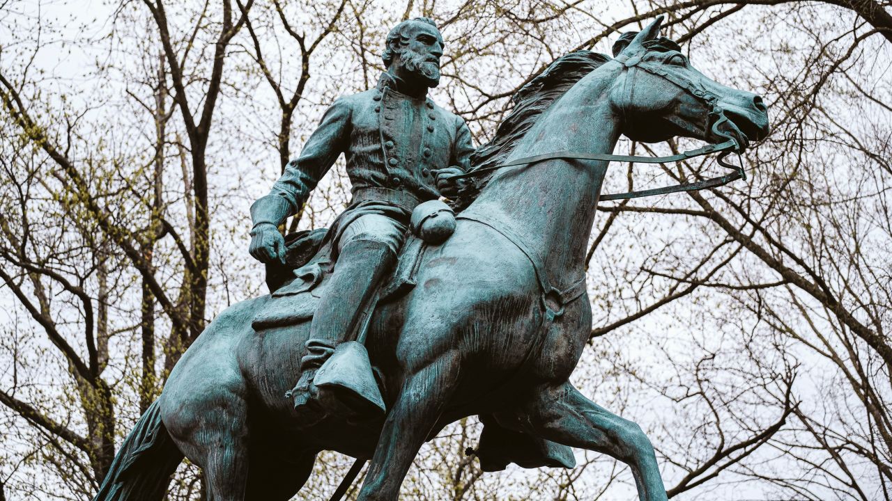 A statue of Confederate General Thomas "Stonewall" Jackson is seen at Justice Park on April 1, 2021 in Charlottesville, Virginia. After a five-year court battle, the Virginia Supreme Court rules that Charlottesville Confederate statues can be removed.