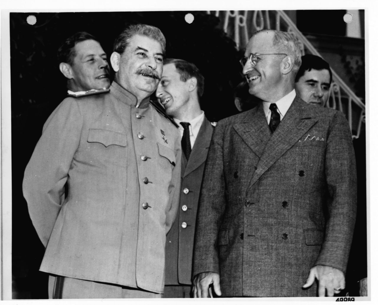 Stalin and US President Harry Truman smile during the Potsdam Conference in Germany in 1945. The Germans had recently surrendered, and Japan's surrender was soon to follow. At the end of the conference, the Potsdam Declaration issued an ultimatum to Japan, saying it should surrender or face "prompt and utter destruction." Less than two weeks later, the first atomic bomb was dropped on Hiroshima.
