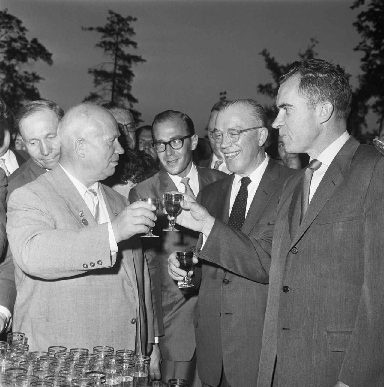 Soviet leader Nikita Khrushchev, left, shares a toast of Pepsi with US Vice President Richard Nixon, right, and President Eisenhower's brother Milton, second from right, who were visiting Moscow as part of a cultural exchange in 1959. It was at the opening of the American National Exhibition, where Khrushchev and Nixon argued over the merits of capitalism and communism. This later became known as the "kitchen debate" after the two men continued their back-and-forth in the kitchen of a model American home. Nixon would later become President.