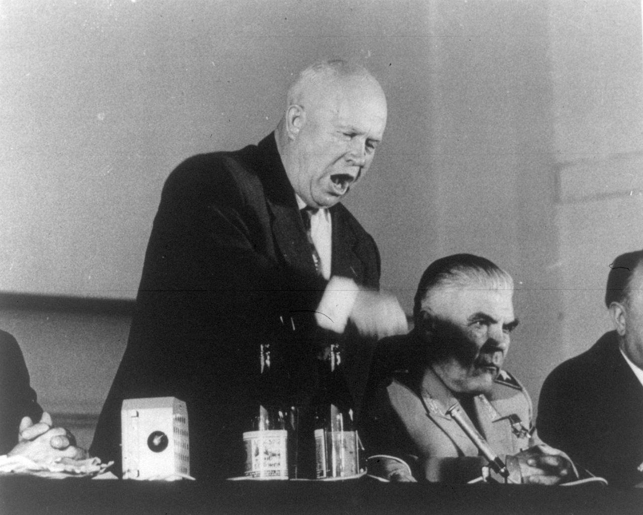 Khrushchev speaks at the 1960 Paris Summit, which was interrupted by the political fallout of an American spy plane shot down on a mission over the Soviet Union. After the Soviets announced the capture of pilot Francis Gary Powers, the United States recanted earlier assertions that the plane was on a weather research mission.