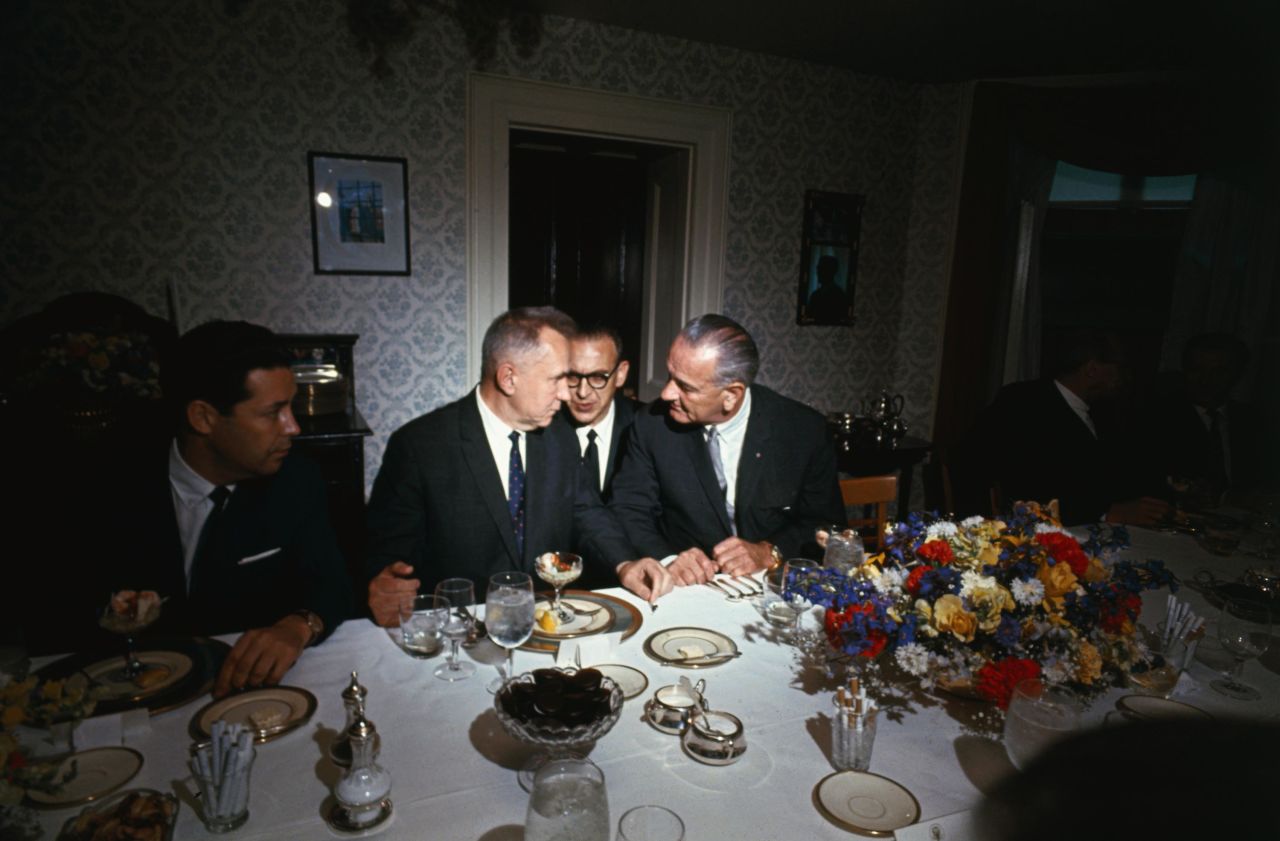 US President Lyndon B. Johnson, right, confers with Soviet leader Alexei Kosygin during the Glassboro Summit in Glassboro, New Jersey, in 1967. Sitting with them is interpreter Alexander Akalovsky.