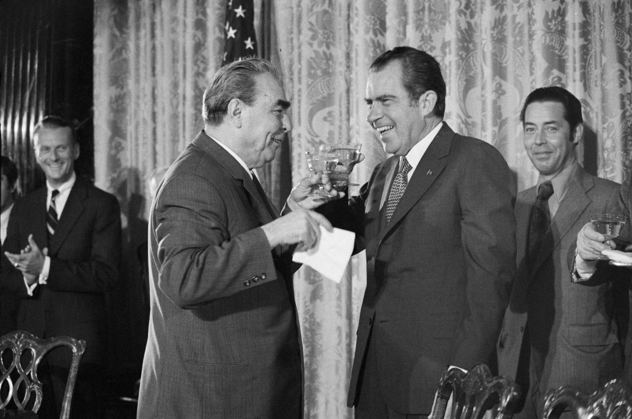 Soviet leader Leonid Brezhnev shares a toast with US President Richard Nixon after they signed a few agreements during a summit in Washington, DC, in 1973. The two men also held productive meetings in Moscow in 1972, signing major arms-control treaties.