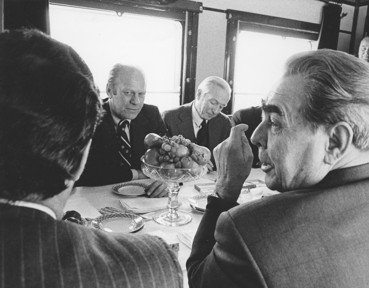 Ford and Brezhnev ride a train together in Vladivostok during their summit in 1974.