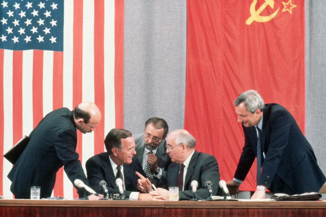 Bush and Gorbachev share a laugh together at a Moscow summit in 1991. Later that year, the Soviet Union was dissolved and the Cold War was over.