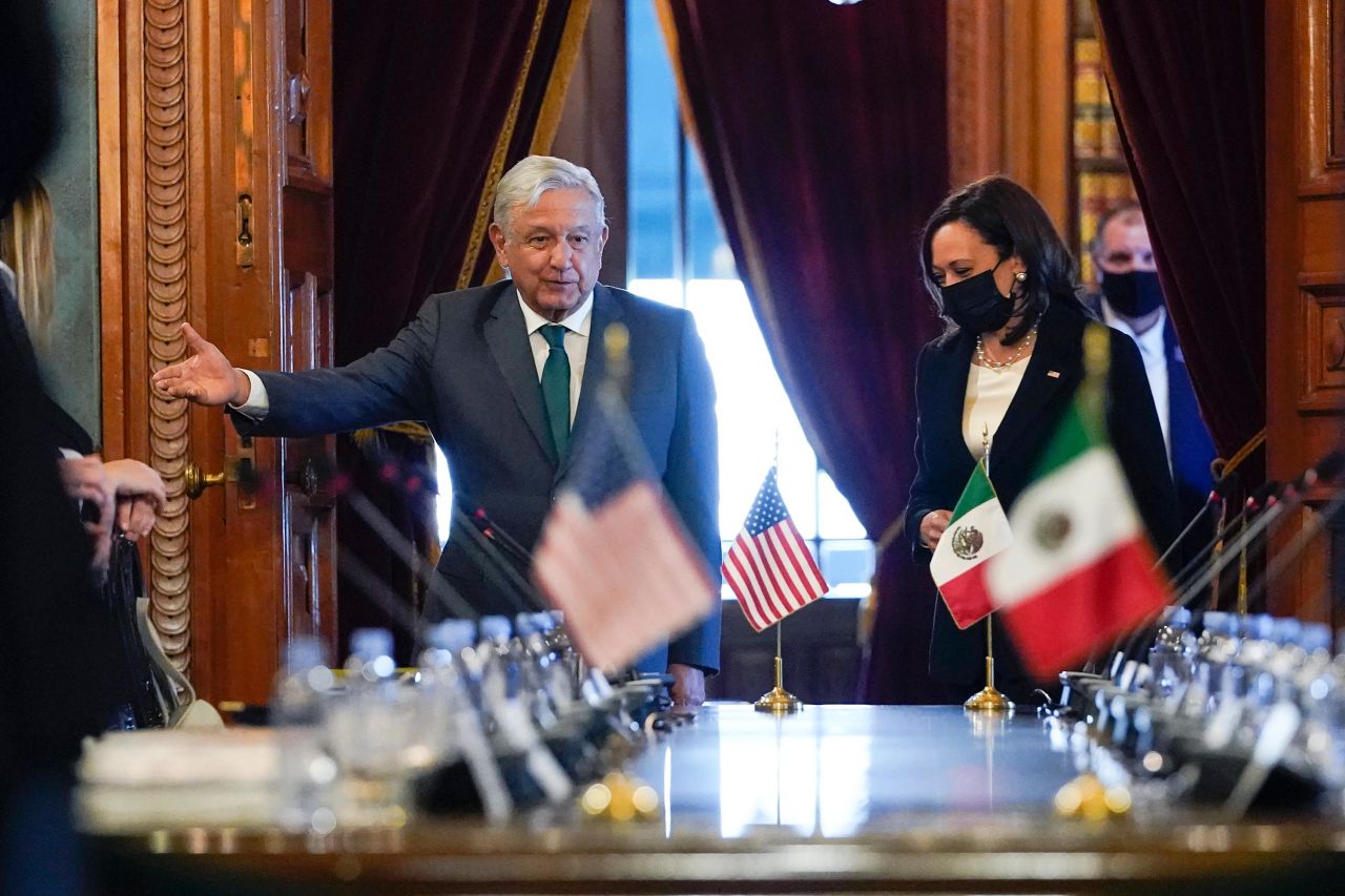 Vice President Kamala Harris and Mexican President Andrés Manuel Lopez Obrador arrive for a bilateral meeting Tuesday at the National Palace in Mexico City.
