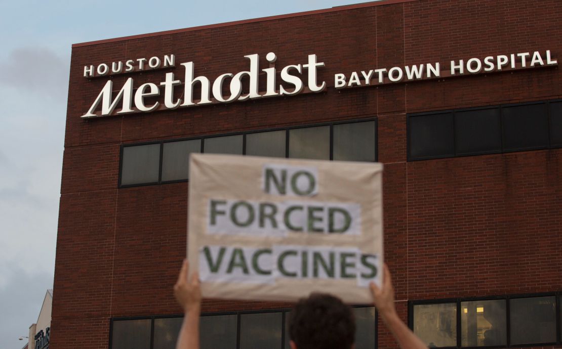 Houston Methodist staff who have refused the Covid-19 vaccine so far and their supporters participated in a gathering and march on Monday, June 7. 