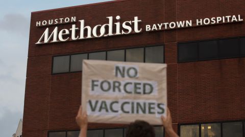 Houston Methodist staff who have refused the Covid-19 vaccine so far and their supporters participated in a gathering and march on Monday, June 7. 