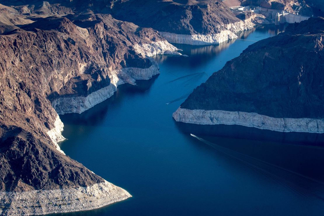 Hoover Dam and Lake Mead on Tuesday, May 11. A high-water mark or bathtub ring is visible on the shoreline.