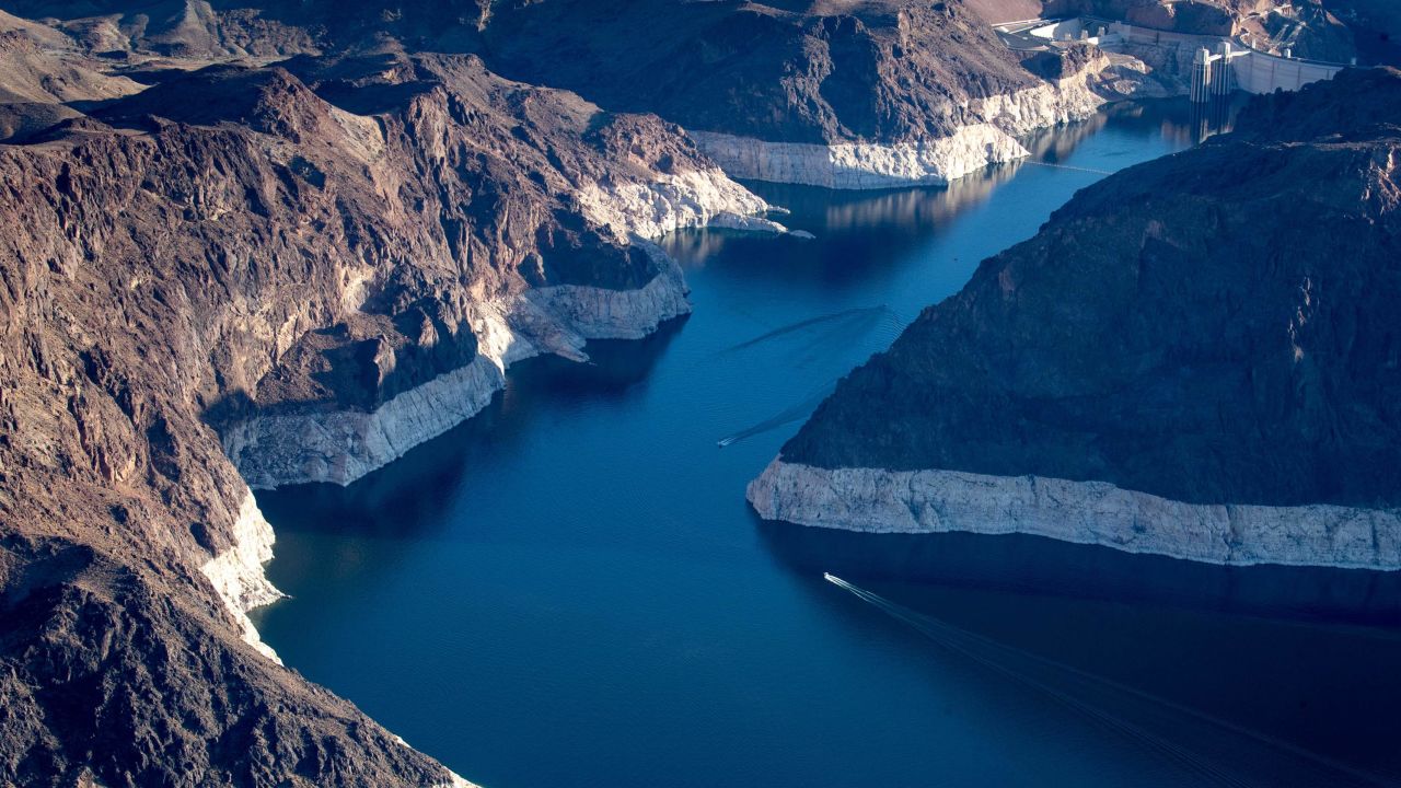 Hoover Dam and Lake Mead on Tuesday, May 11. A high-water mark or bathtub ring is visible on the shoreline.