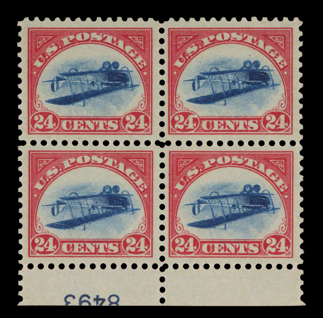 A printing error causes the planes to appear upside down on 100 of these 1918 airmail stamps. 