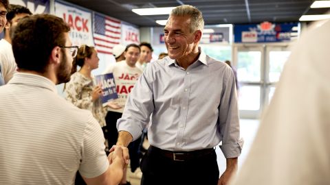 Jack Ciattarelli, Republican candidate for governor of New Jersey, shakes hands with an attendee at a rally during the Republican primary election in Somerville, New Jersey, on Tuesday, June 8, 2021. 