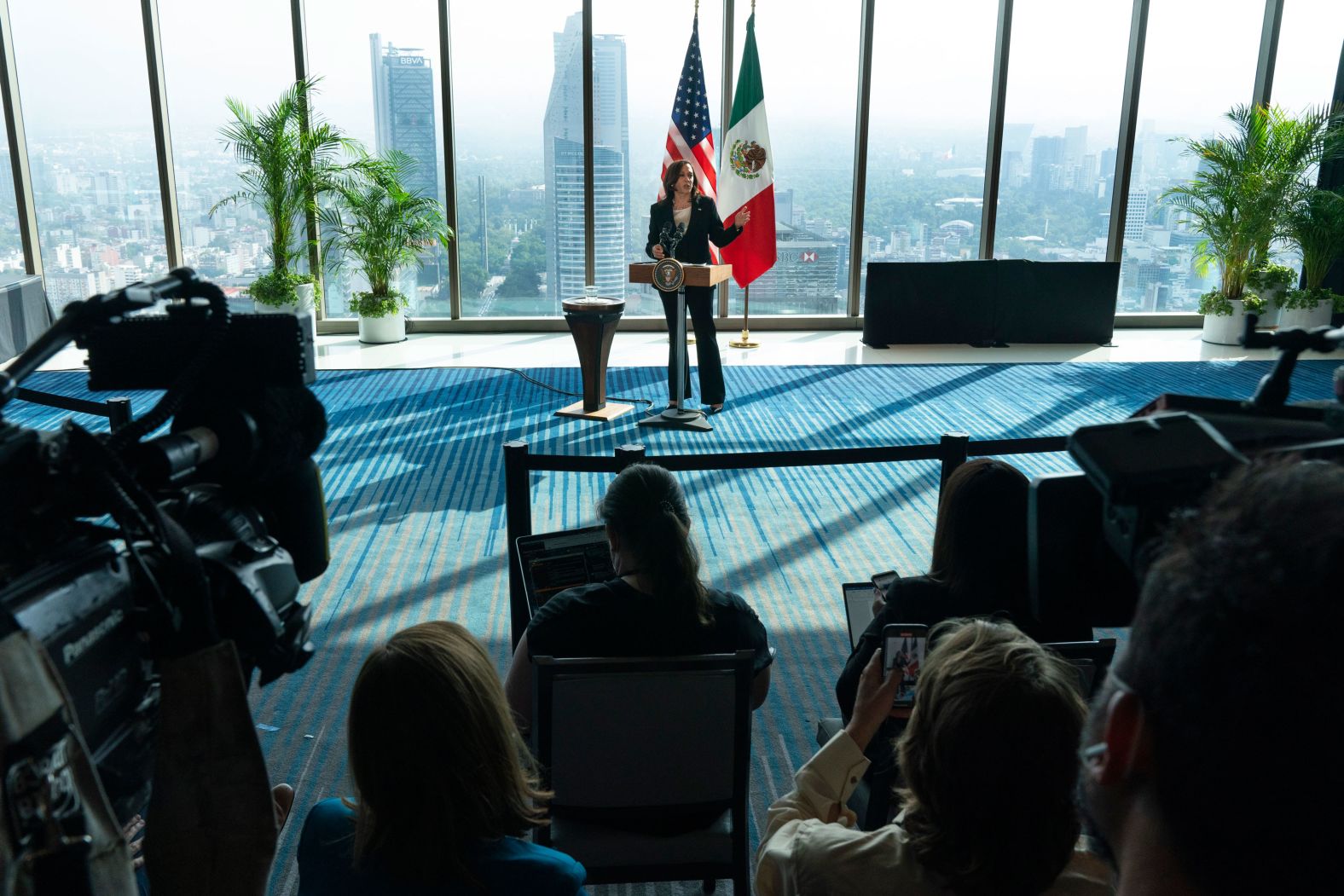 Vice President Kamala Harris speaks to the media on Tuesday in Mexico City.