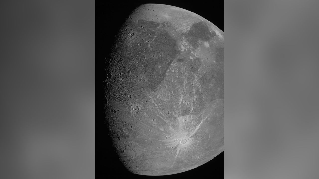 This image of Ganymede was taken by the JunoCam imager during Juno's June 7  flyby of the icy moon. The mission later hopes to obtain a color portrait of the moon.