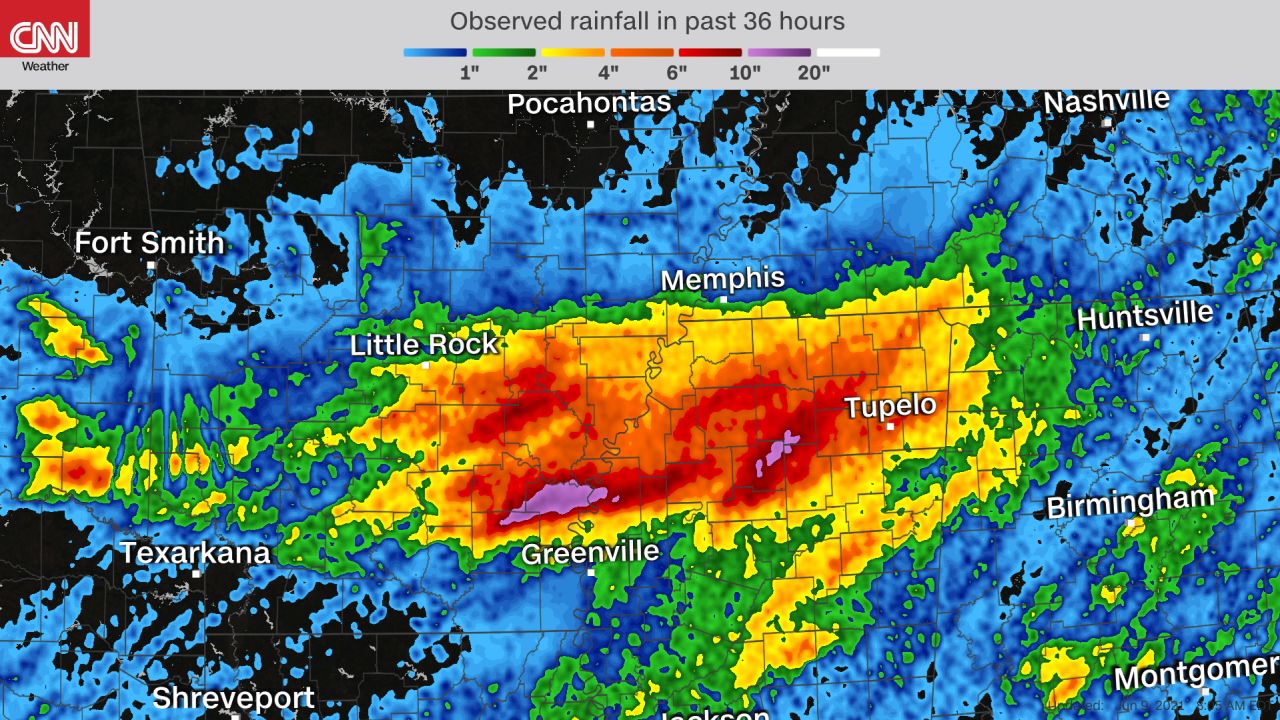 The purple shows where the most rain has already fallen across Arkansas and Mississippi. This same area is at risk for similar amounts Wednesday.