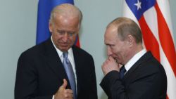 Vice President of the United States Joe Biden, left, geatures as he meets Russian Prime Minister Vladimir Putin in Moscow,  Russia, Thursday, March 10, 2011.The talks in Moscow are expected to focus on missile defense cooperation and Russia's efforts to join the World Trade Organization. (AP Photo/Alexander Zemlianichenko)