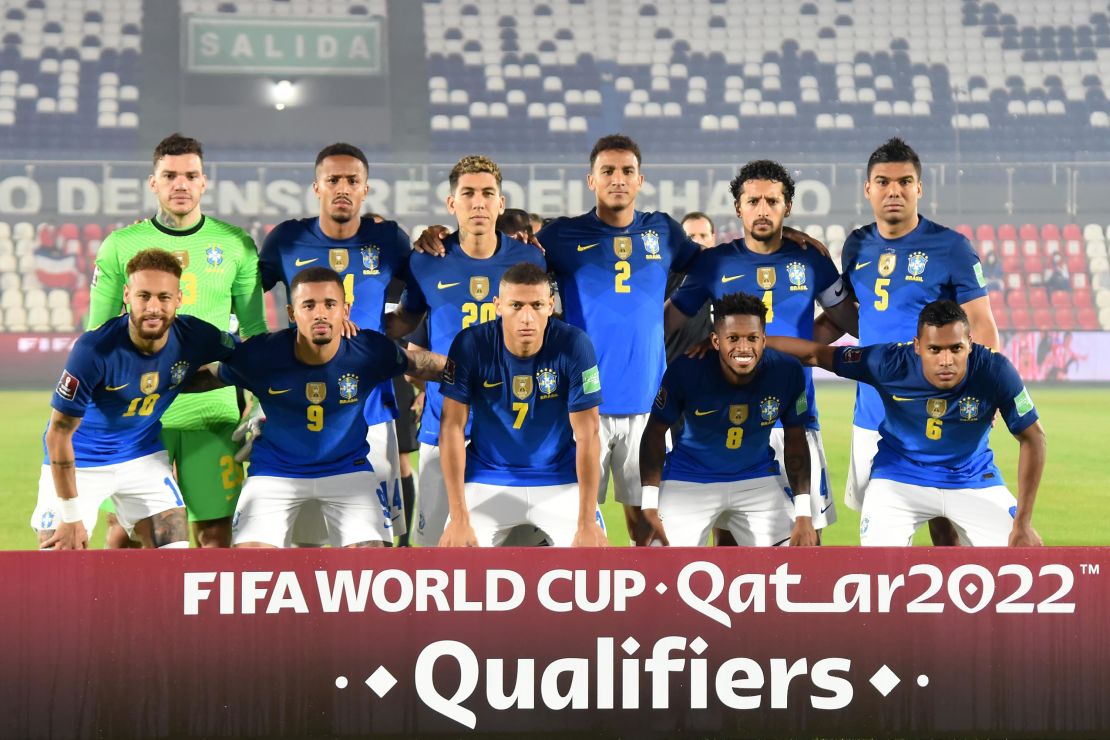 Brazilian players pose before a match against Paraguay earlier this month. 
