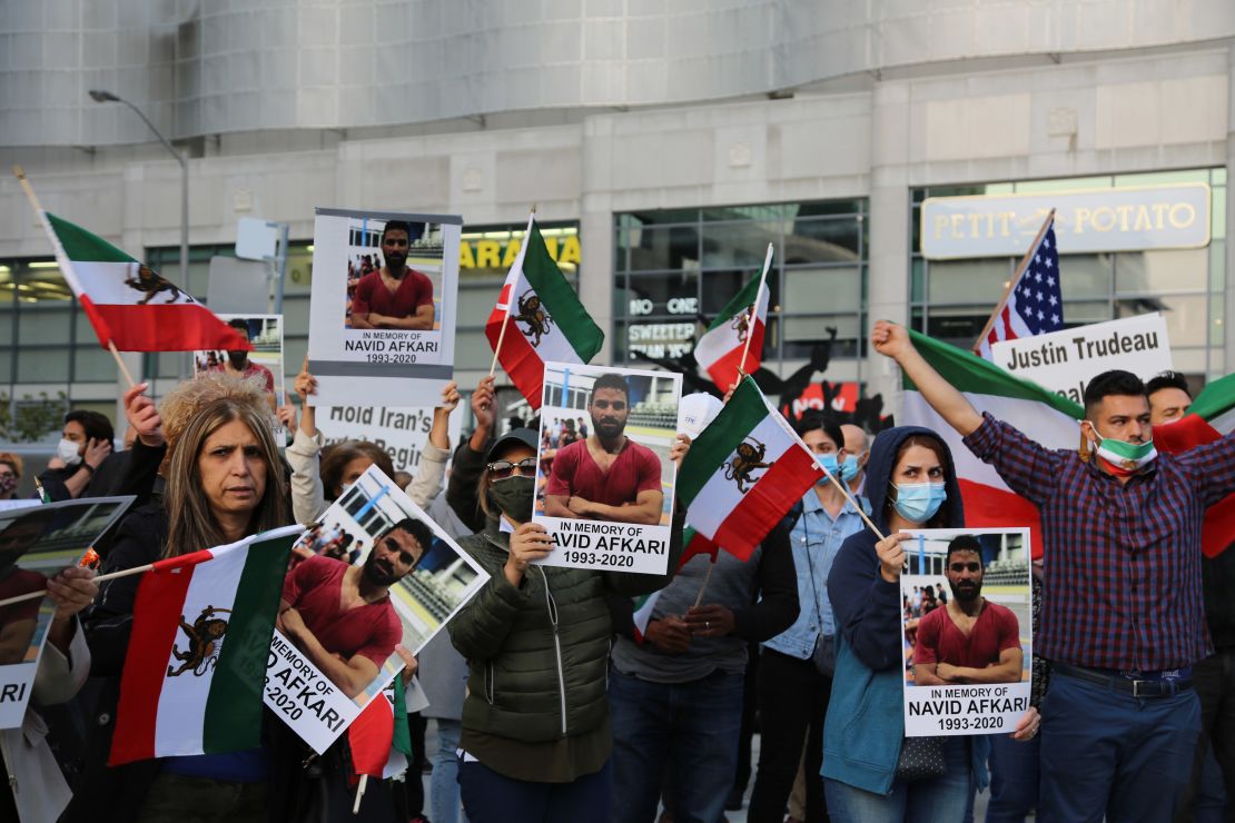 Iranians in Canada on Mel Lastman Square demonstrate against the execution of wrestler Navid Afkari by the Iranian regime, in Toronto, Ontario in September 2020. The death sentence caused international uproar, yet the regime persisted.  