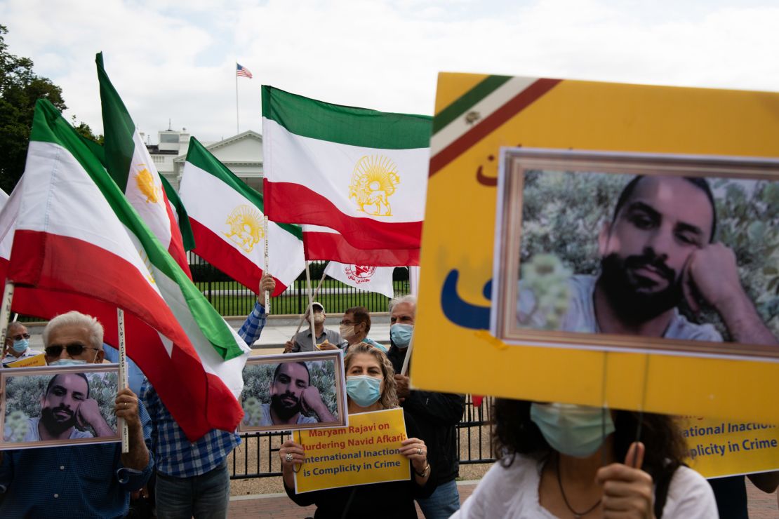 Iranian-American supporters of the National Council of Resistance of Iran (NCRI) protest the execution of wrestler Navid Afkari by Iran, in front of the White House in Washington, D.C. in September 2020. 