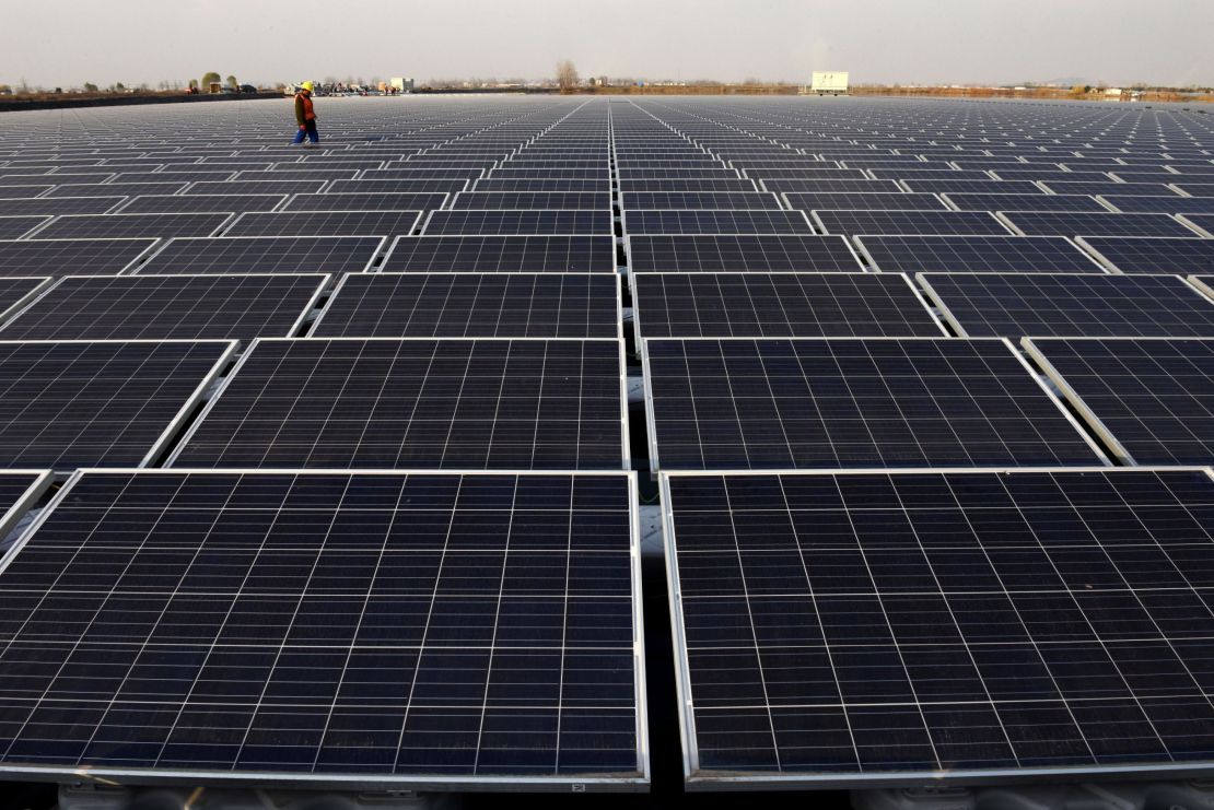 A view of a floating solar power plant in Huainan, a former coal-mining region,in China's eastern Anhui province.