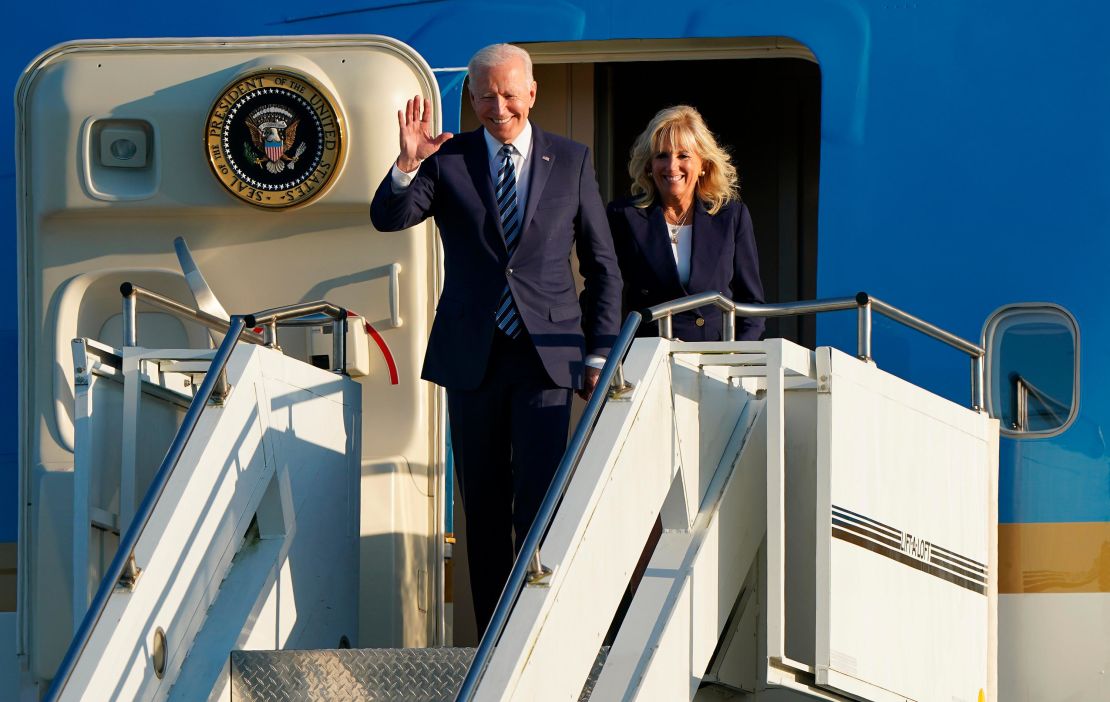 US President Joe Biden and First Lady Jill Biden arrive on Air Force One at RAF Mildenhall in Suffolk, ahead of the G7 summit in Cornwall.