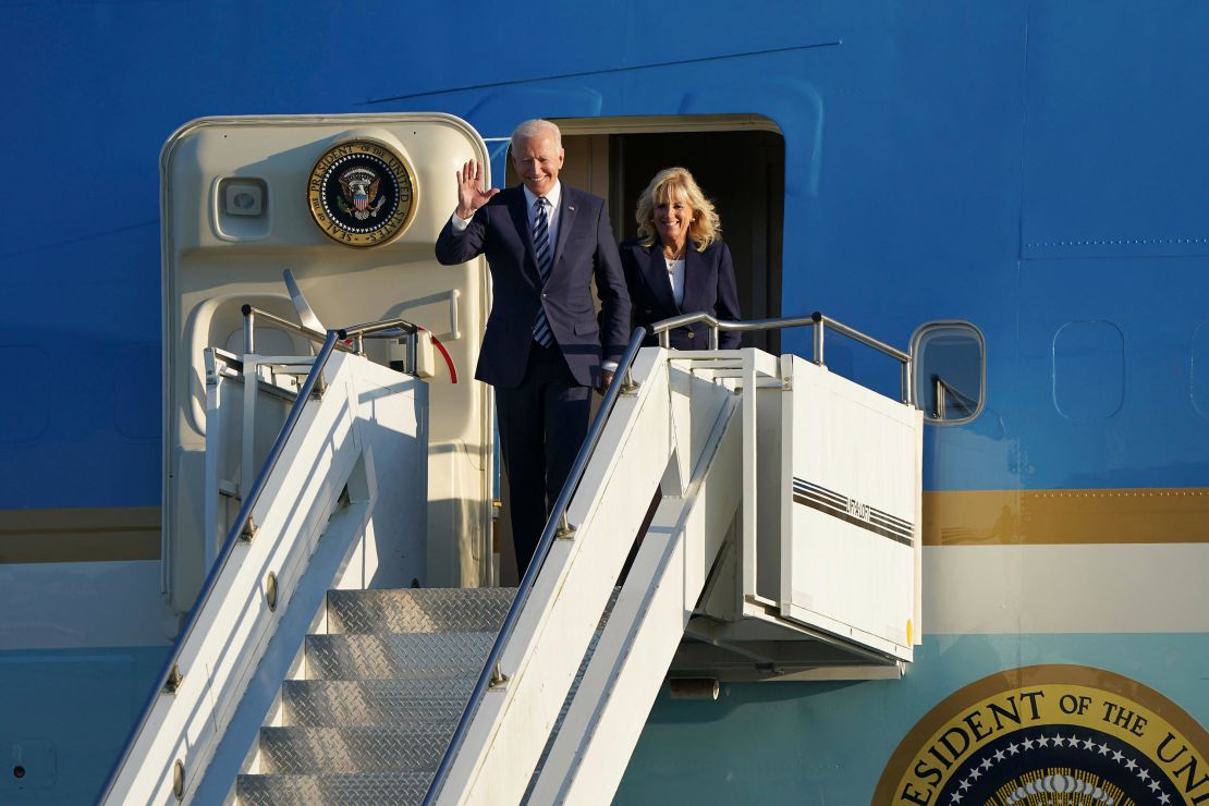 US President Joe Biden and first lady Jill Biden arrive aboard Air Force One at RAF Mildenhall, England on Wednesday, June 9, 2021. 