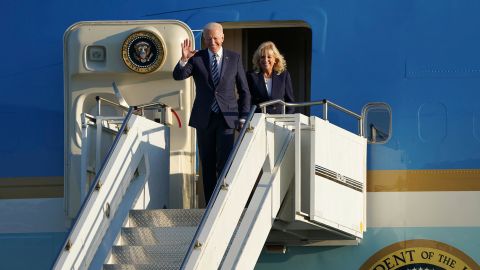 US President Joe Biden and first lady Jill Biden arrive aboard Air Force One at RAF Mildenhall, England on Wednesday, ahead of the G7 summit in Cornwall.