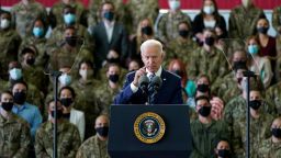 President Joe Biden speaks to American service members at RAF Mildenhall in Suffolk, England, Wednesday, June 9, 2021.