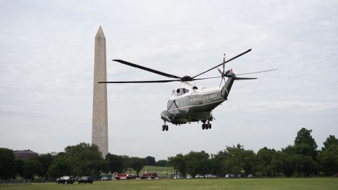 The Bidens take off in Marine One and fly past the Washington Monument.