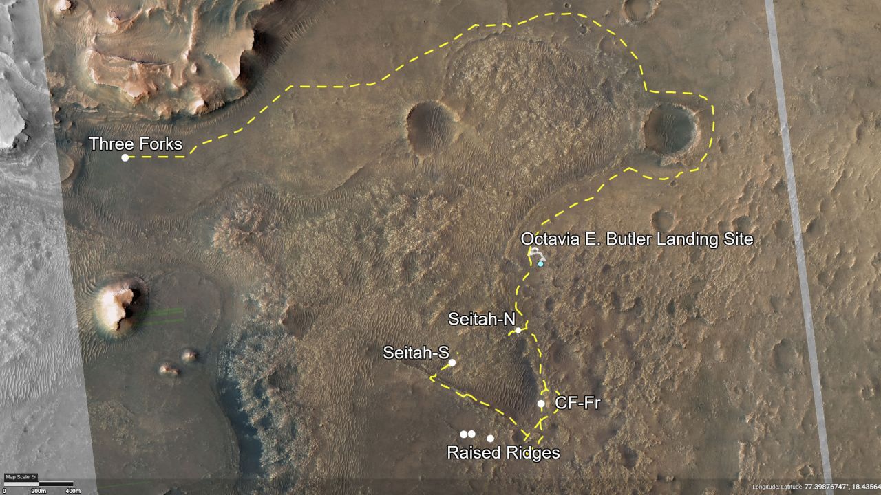 This map shows the route Perseverance will take during the first science campaign in Jezero Crater, as well as the path to the second science campaign. 
