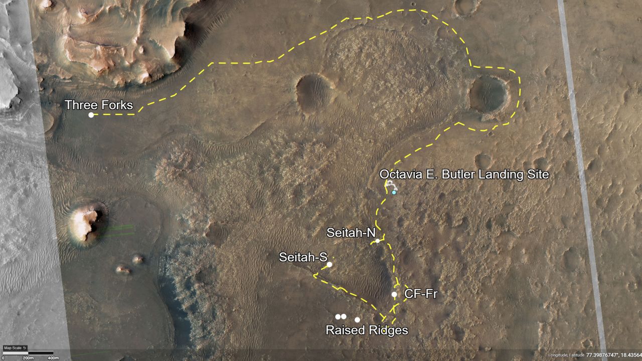 This map shows the route Perseverance will take during the first science campaign in Jezero Crater, as well as the path to the second science campaign.