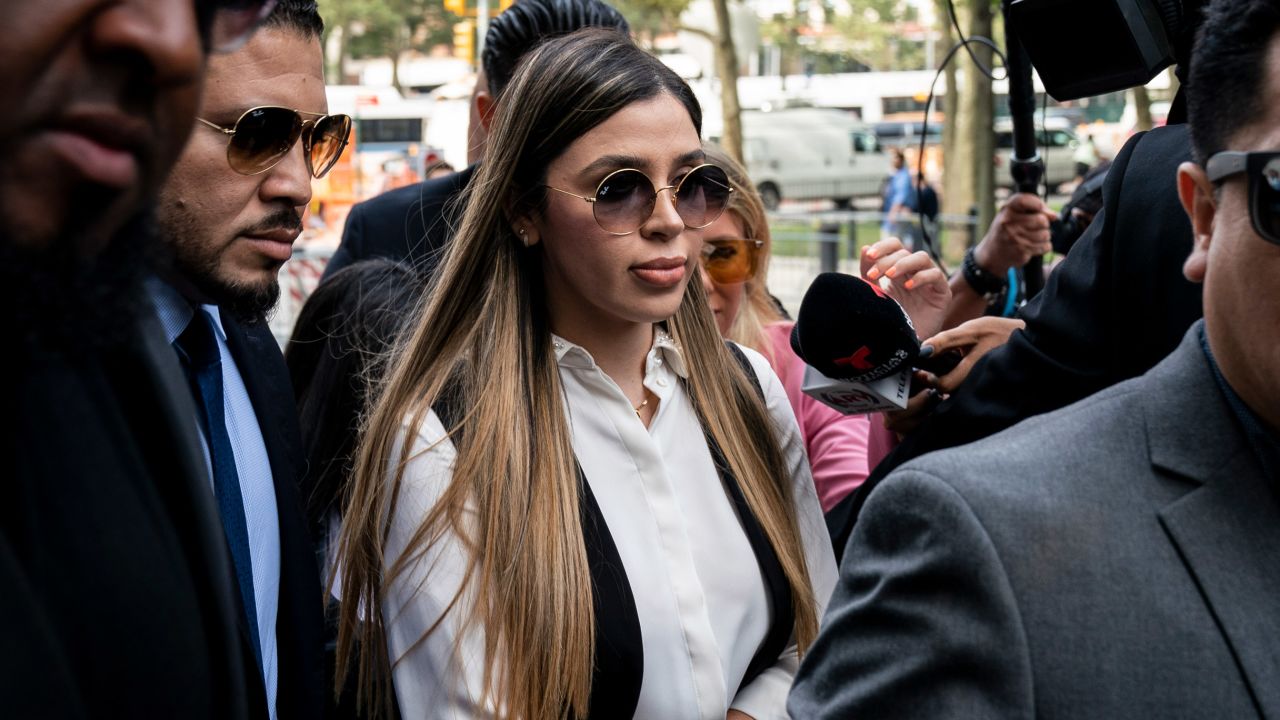 Emma Coronel Aispuro, wife of Joaquin "El Chapo" Guzman, is surrounded by security as she arrives at federal court on July 17, 2019, in New York City.