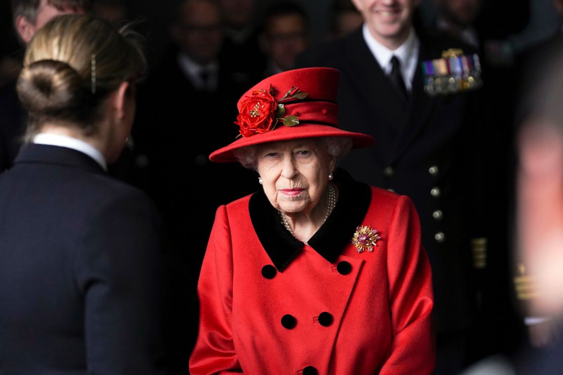 The monarch visits the HMS Queen Elizabeth ahead of the ship's maiden deployment on May 22, 2021 in Portsmouth, England. 