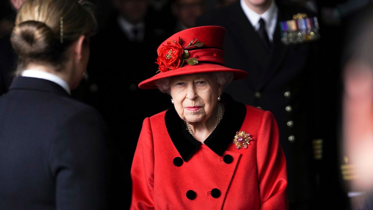 The monarch visits the HMS Queen Elizabeth ahead of the ship's maiden deployment on May 22, 2021 in Portsmouth, England.