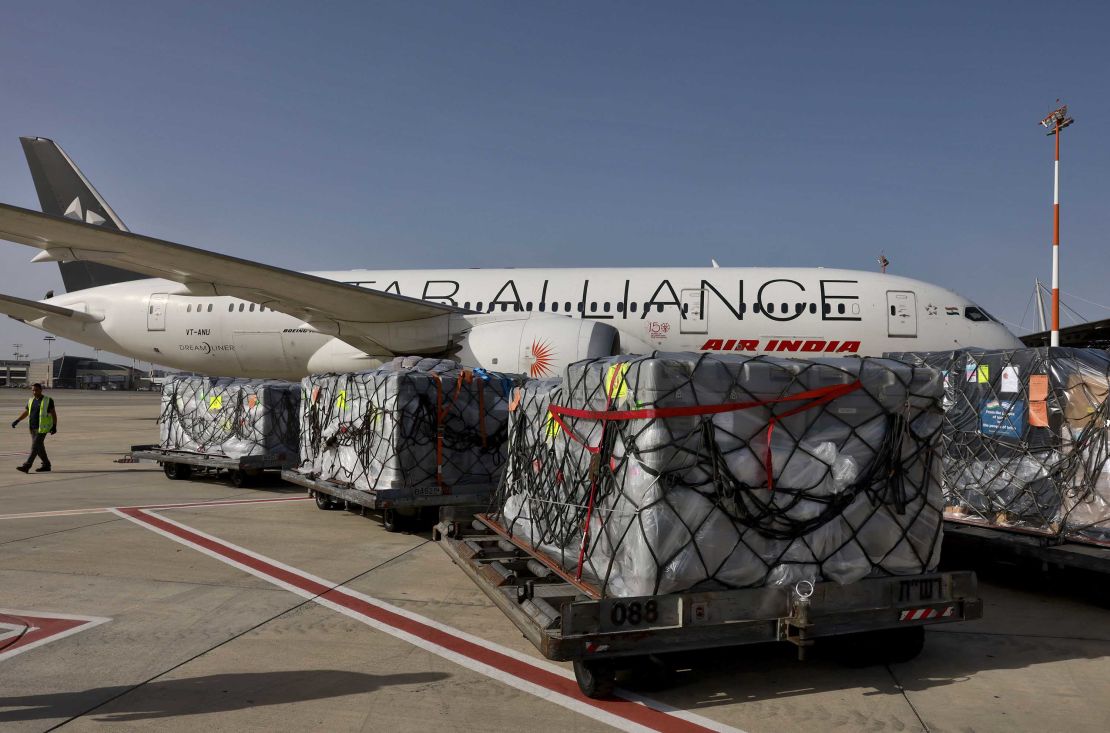 Workers load medical aid onto an Air India plane bound for India, at Israel's Ben Gurion Airport near Tel Aviv, on May 4.