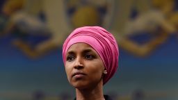 Representative Ilhan Omar (D-MN) attends a press conference with a delegation of Brazilian Congresswomen to discuss human rights and climate justice on February 26, 2020 on Capitol Hill in Washington, DC.