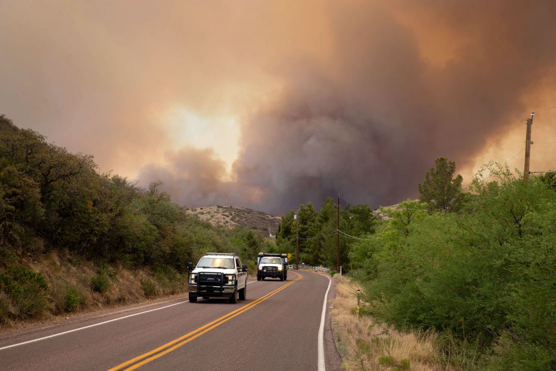 The Telegraph Fire burned Tuesday as seen from Kellner Canyon Road, south of Globe, Arizona.