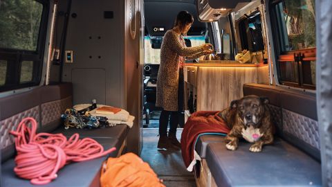 The Airstream Interstate 24X offers comfortable sleeping arrangments for two people and tie-downs on the cieling, walls and floor for gear.