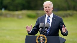 President Joe Biden speaks about his administration's global COVID-19 vaccination efforts ahead of the G-7 summit, Thursday, June 10, 2021, in St. Ives, England. 
