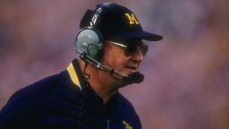 Bo Schembechler coaches the Michigan Wolverines during the 1987 Rose Bowl.