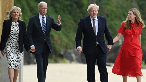 UK Prime Minister Boris Johnson (second right) and his wife Carrie Johnson (right) walk with US President Joe Biden and first lady Jill Biden ahead of a bilateral meeting at Carbis Bay, Cornwall.