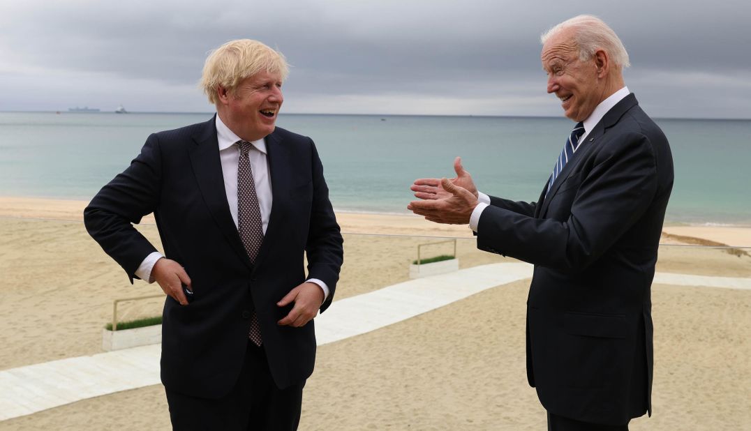 Johnson and US President Joe Biden speak at Carbis Bay in Cornwall, England, after their bilateral meeting in June 2021. Biden and Johnson were participating in the G7 summit that weekend.