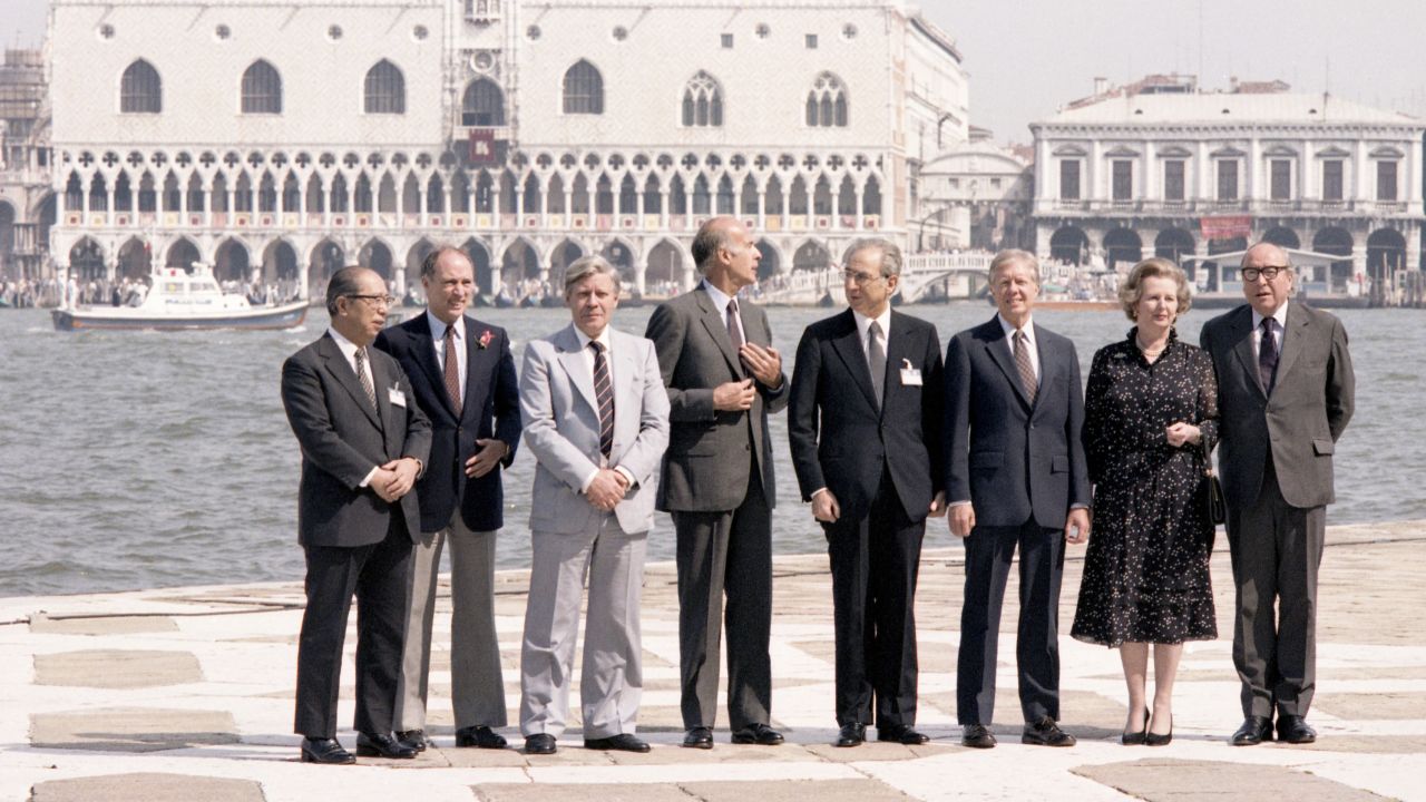 Saburo Okita, Pierre Elliot Trudeau, Helmut Schmidt, Valéry Giscard D'Estaing, Francesco Cossiga, Jimmy Carter, Margaret Thatcher and Roy Jenkins attend the 1980 G7 Summit on June 22, 1980, San Giorgio Island, Venice, Italy.  