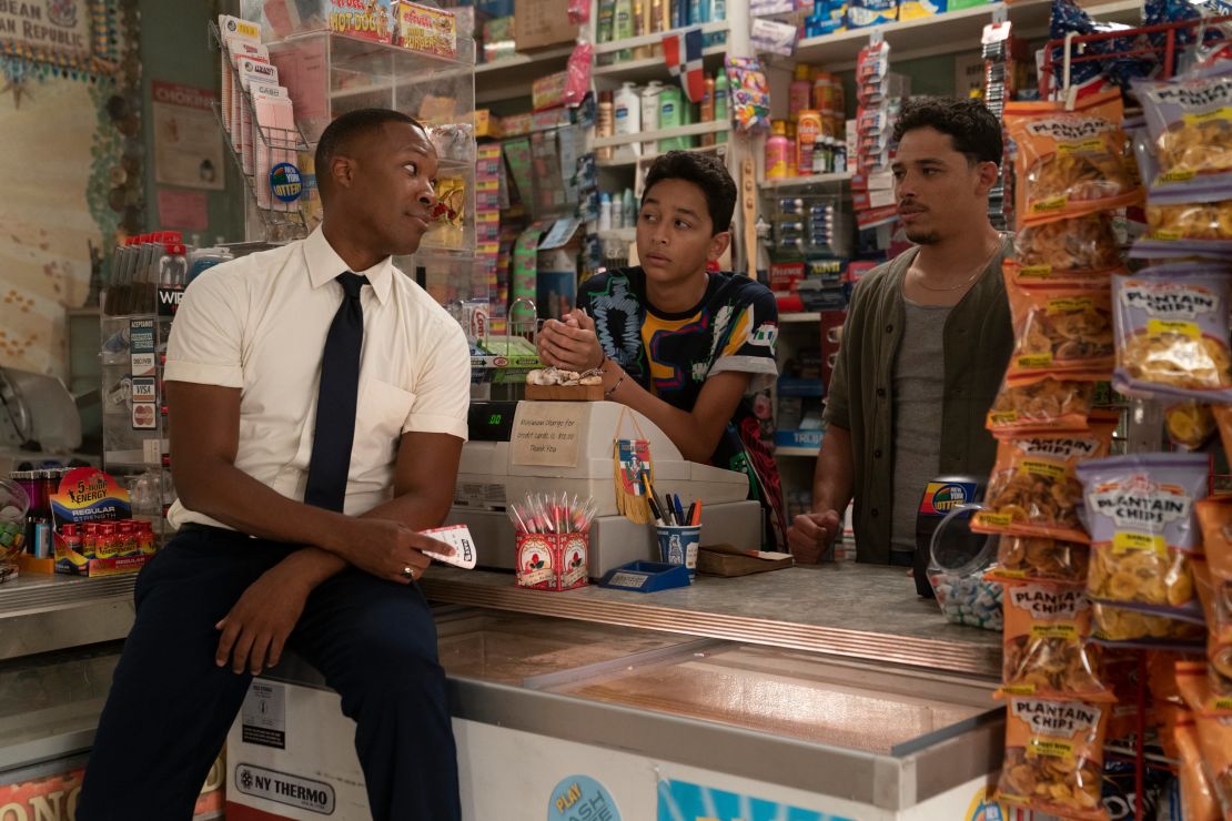 (From left) Corey Hawkins as Benny, Gregory Diaz IV as Sonny, and Anthony Ramos as Usnavi are shown in a bodega scene from "In the Heights." 